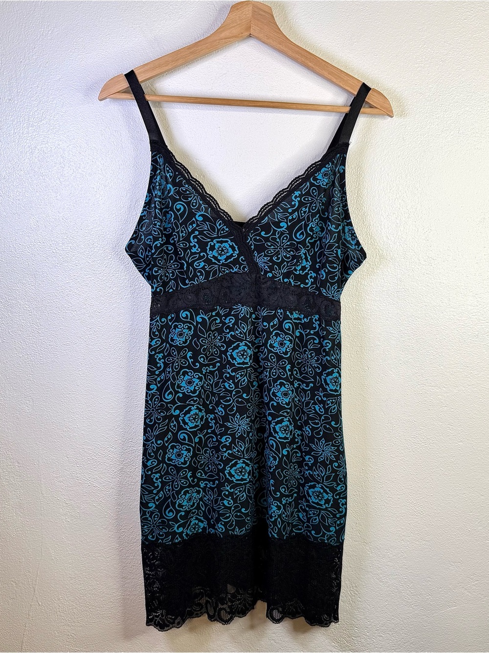 Delta Burke Lace Trim Chemise Slip Dress Babydoll Sleep Y2K Teal & Black Size 1X